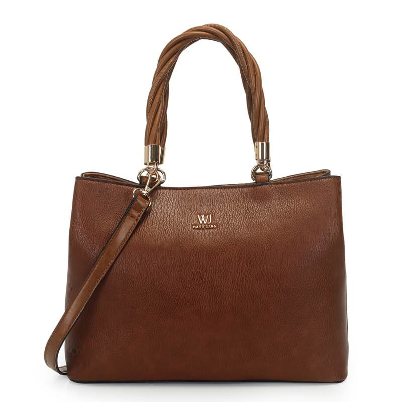 Bolsa WJ marrom sintética vista frontal com alças trançadas e ferragens douradas